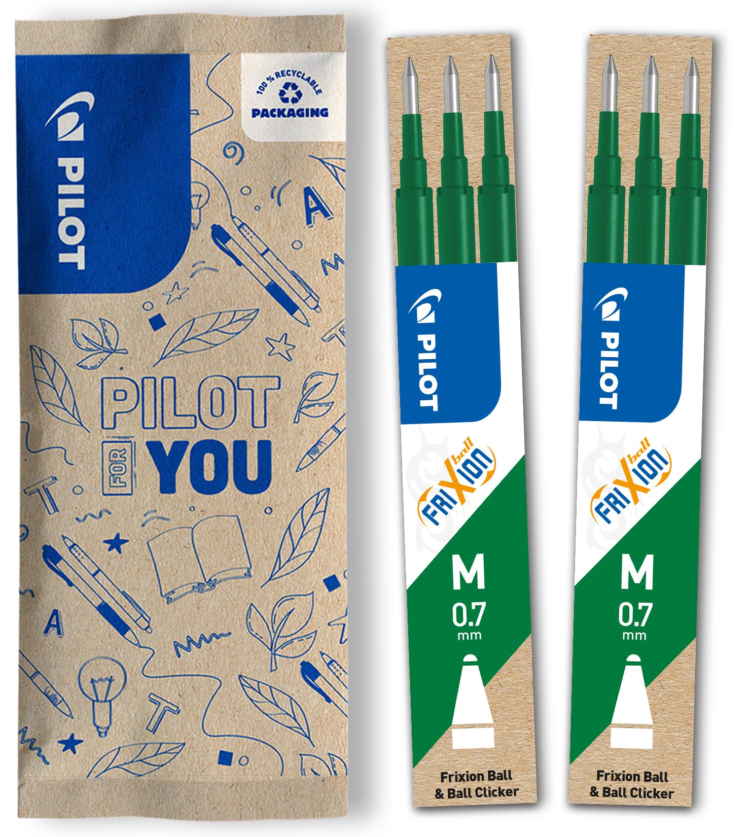 PILOT FriXion Refills 0.7 - Pack of 6 - Green Colour - FriXion Refills with Erasable Ink - Compatible with FriXion Ball & FriXion Clicker 0.7 - Medium Strength - Gel Rollerball Refill