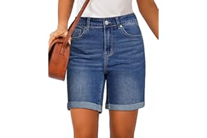luvamia Jean Shorts for Women High Waisted Trendy Causal Summer Fold Hem Stretchy Long Denim Shorts 7 Inch Inseam