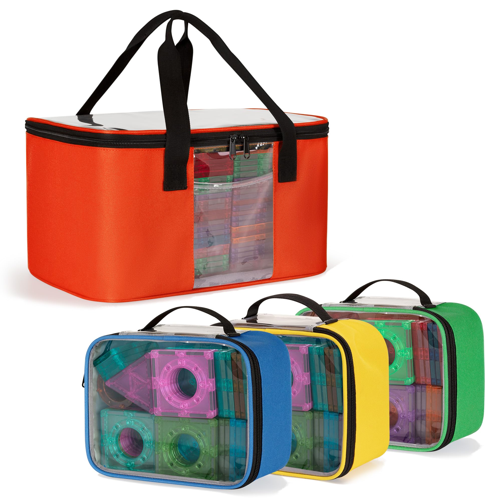 Rexmica 4pcs Toy Storage Organiser Bag for Magnetic Blocks, Portable Zipper Pouch Bag with Visible Top for Magnetic Building Set, Travel Bag Case for Building Tiles, Board Game, Puzzle, Car Toy