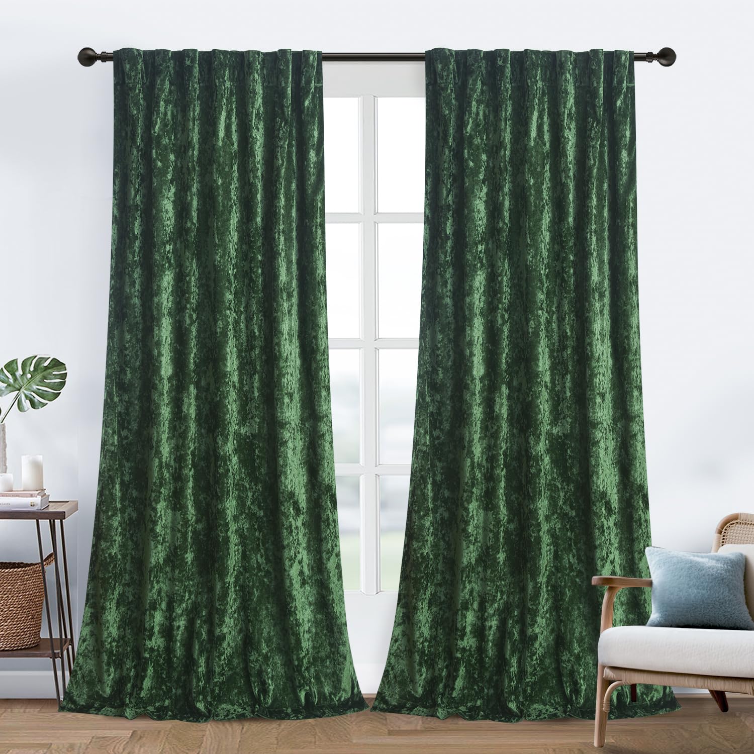 Photo 1 of gisewood Lux Forest Green Crushed Velvet Curtains, 2 Panel Set, Room Darkening Distressed Velvet Back Tab Curtain, 52" W x 84" L for Living Room Bedroom Window Drapes