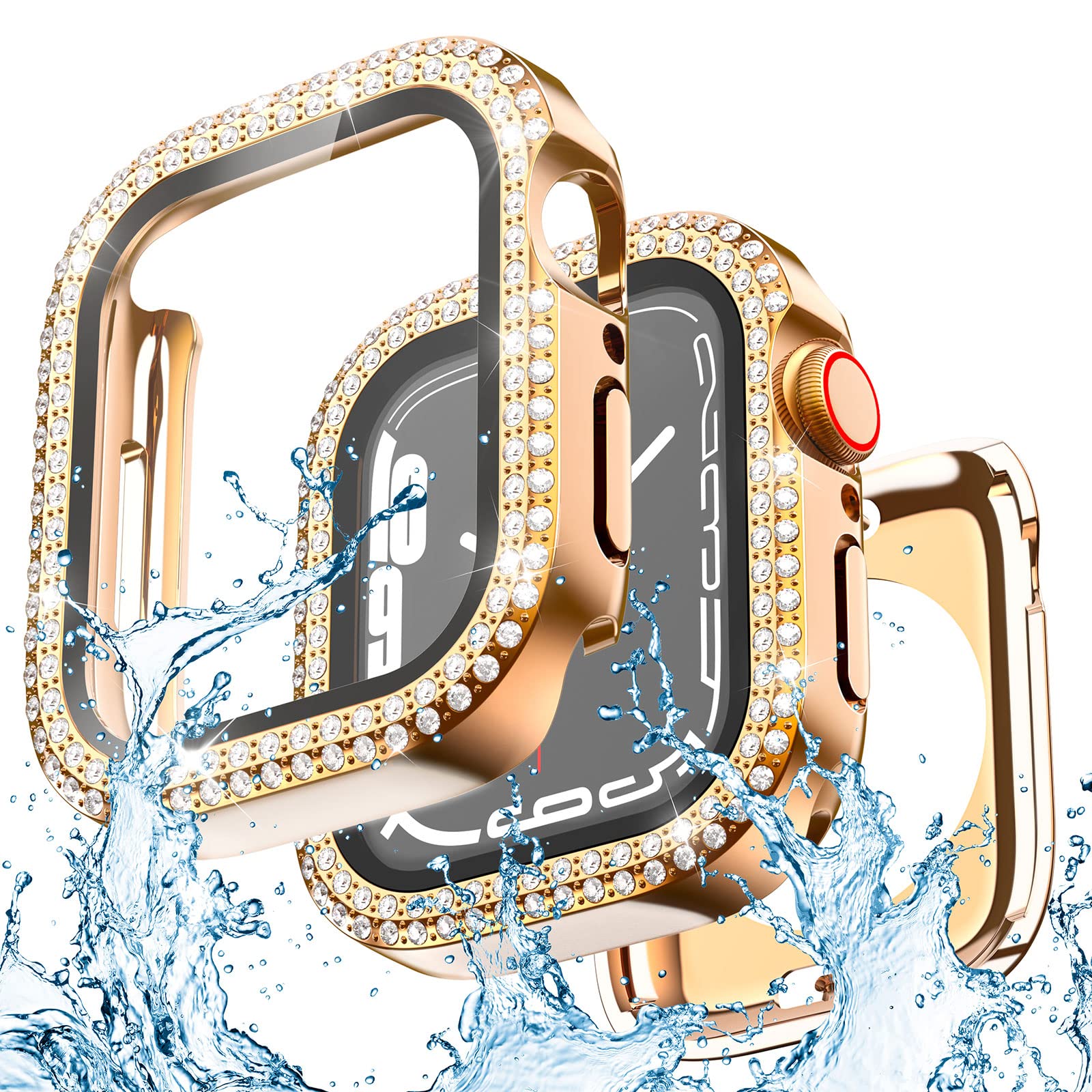 Yolovie 2 in 1 Waterproof Bling Case Compatible for Apple Watch 44mm Screen Protector SE Series 6/5/4, Women Glitter Diamond Rhinestone Bumper Face Cover for iWatch Accessories 44 mm Rose Gold