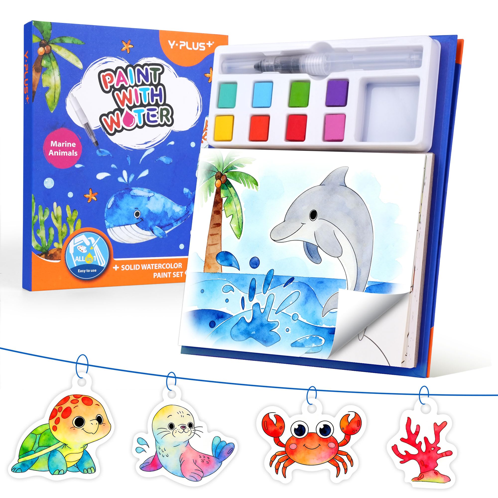 YPLUS Paint with Water Book for Kids Ages 3-6 - Water Colouring Books for Children with 8 Colours Solid Paint, Magic Painting Book & Water Pen - Toddler Painting Set - Marine — image 1