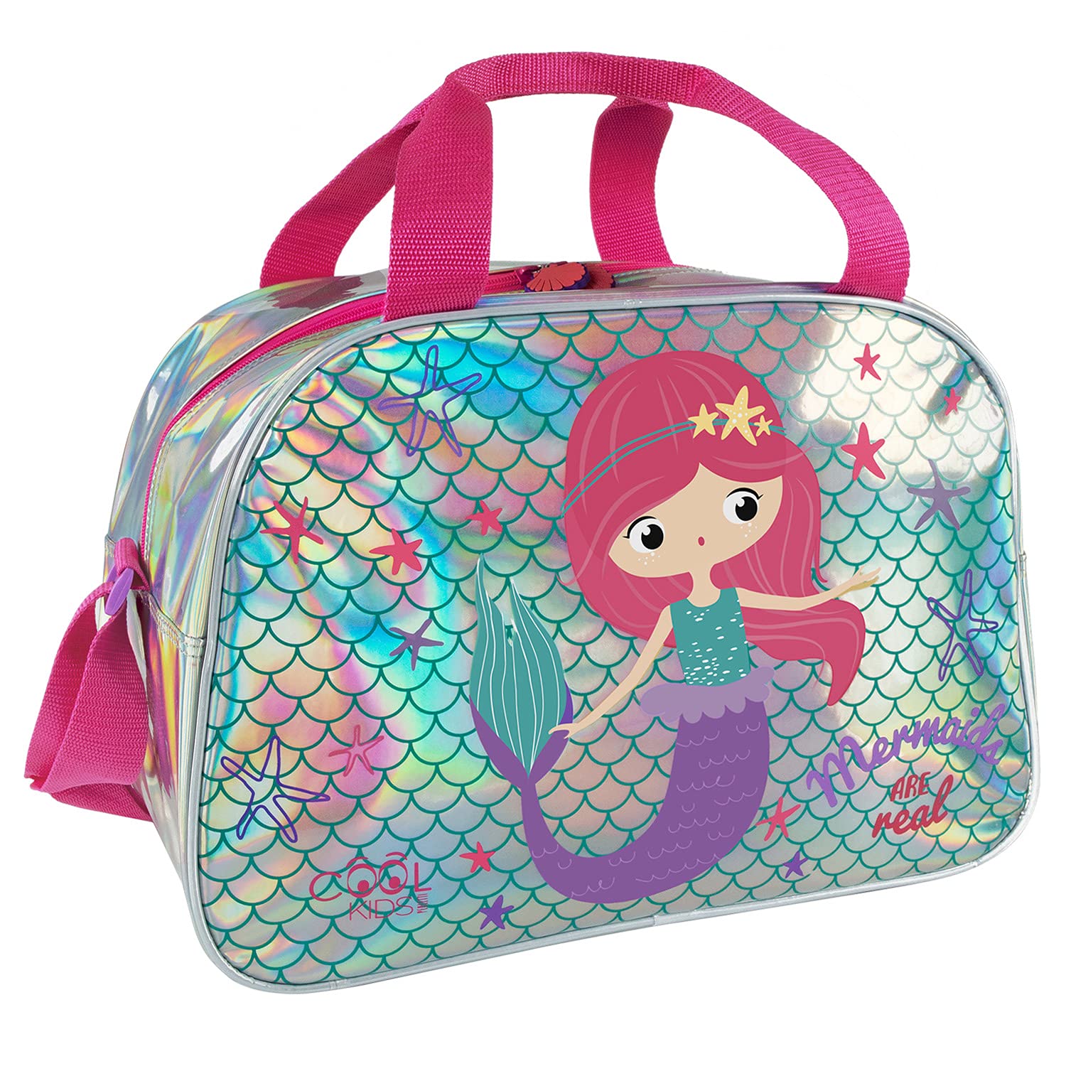 PERLETTI Mermaid Duffle Bag for Little Girls Pink and Silver - Sports Bag with Stars and Reflective Details for Kids - Shoulder Bag for Children Gym Travel and Leisure - 28x41,5x21 cm (Mermaid)