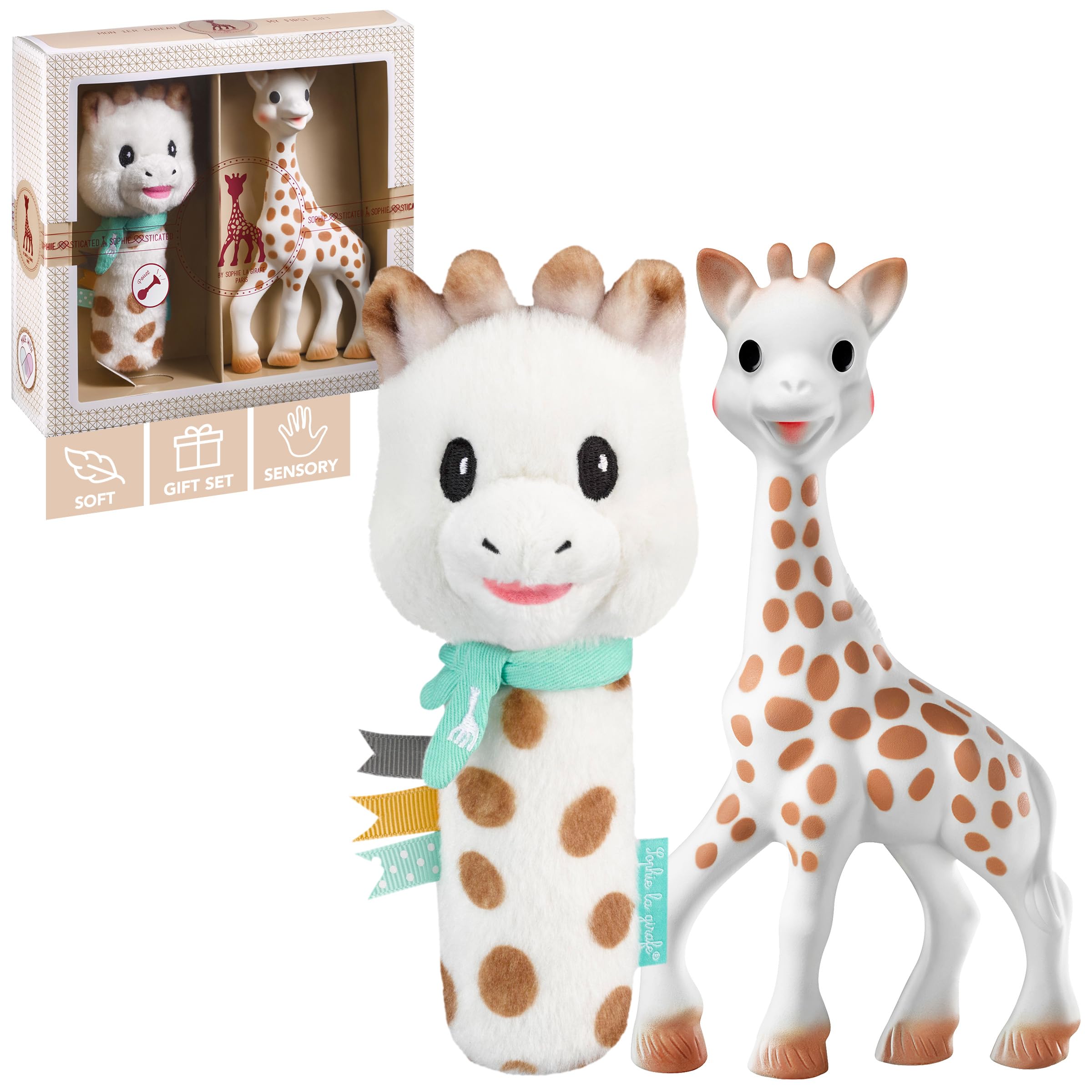 Sophie la girafe Sophiesticated Original Teether with Soft Rattle Pouet Gift Set, 100% Natural Rubber Baby Teething Toy, Baby Gift Box Set with Gift Bag and Card