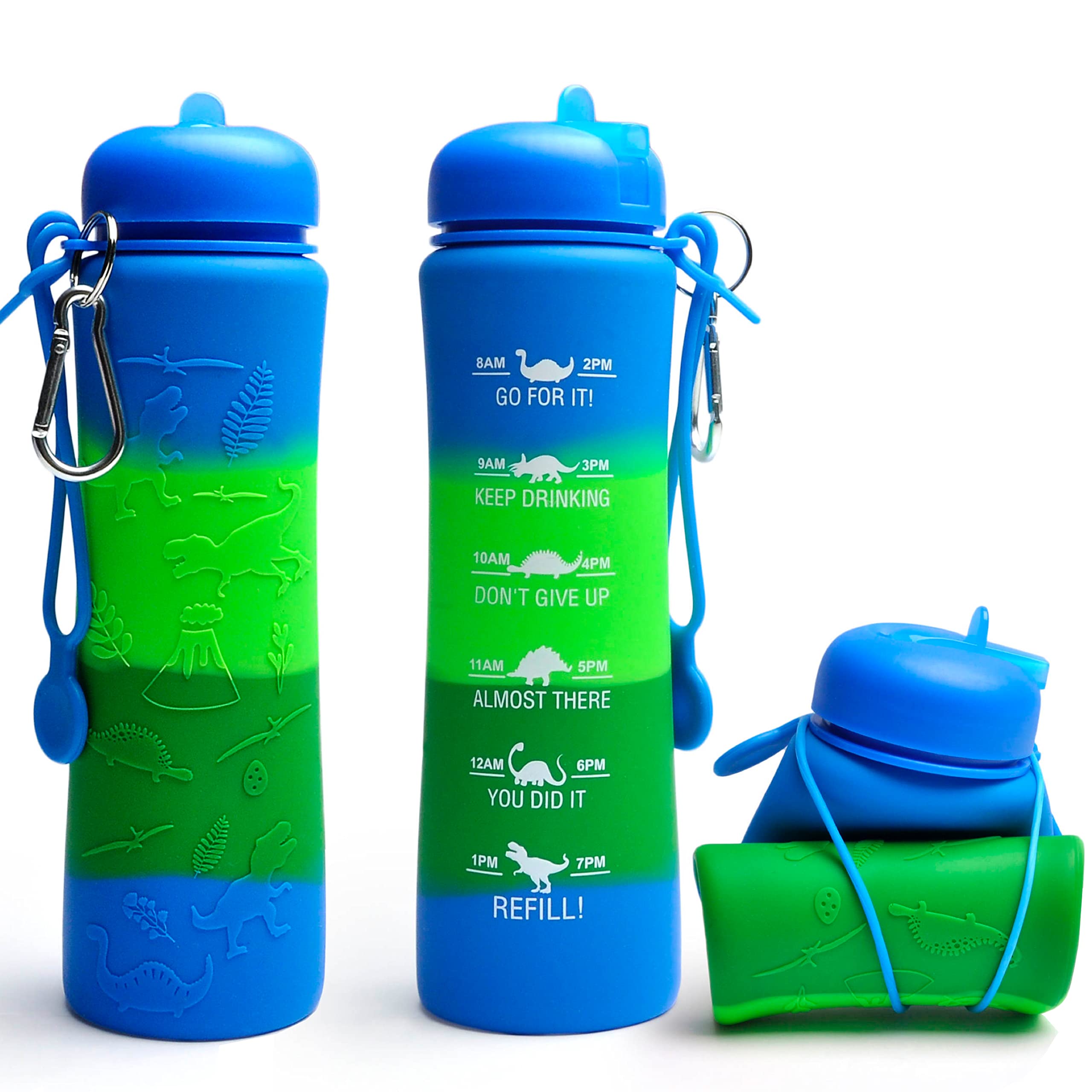 Motivational Kids Water Bottle With Time Markings - Dinosaur Engraved 0.6 Litre Foldable Silicone Design for Children, Girls and Boys - School and Teenage Use — image 1