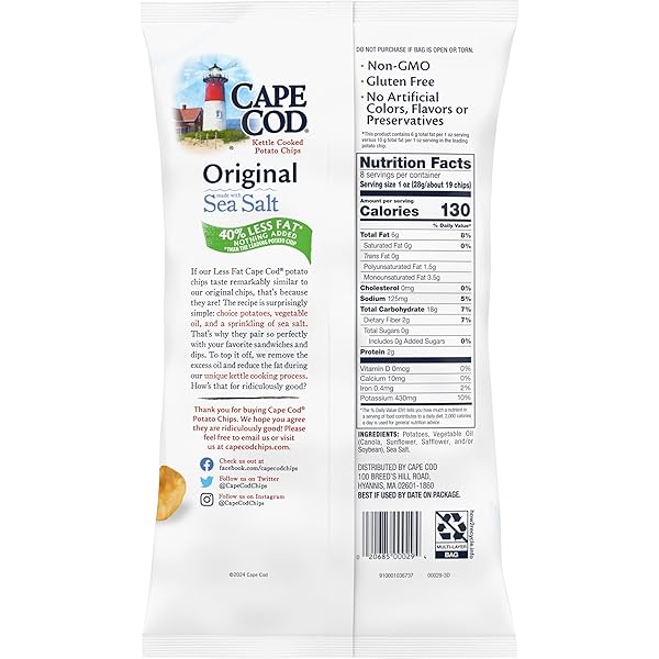 CAPE COD POTATO CHIPS, LESS FAT ORIGINAL KETTLE CHIPS, 8 OZ