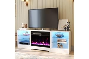 COCO DESIGN Fireplace TV Stand with 23" Fireplace, Electric Fireplace TV Console for TVs up to 75", LED Lights Wood and Glass Entertainment Center & Remote Control, White