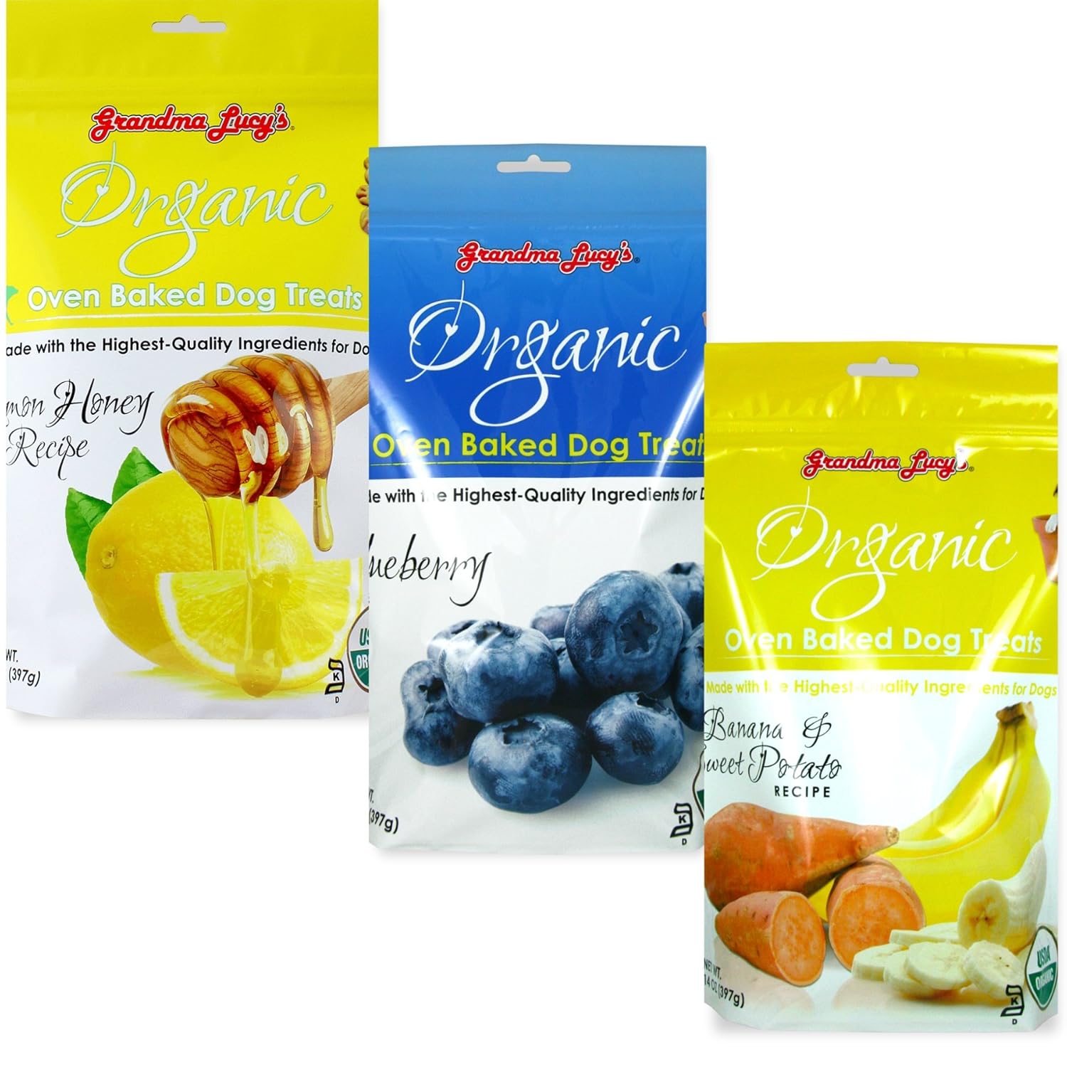 Grandma Lucy's Organic Baked Dog Treats, Mixed 3 Packs x 14 Oz - Lemon & Honey, Blueberry, Banana, Fast Free Delivery, by Just Jak's Pet Market