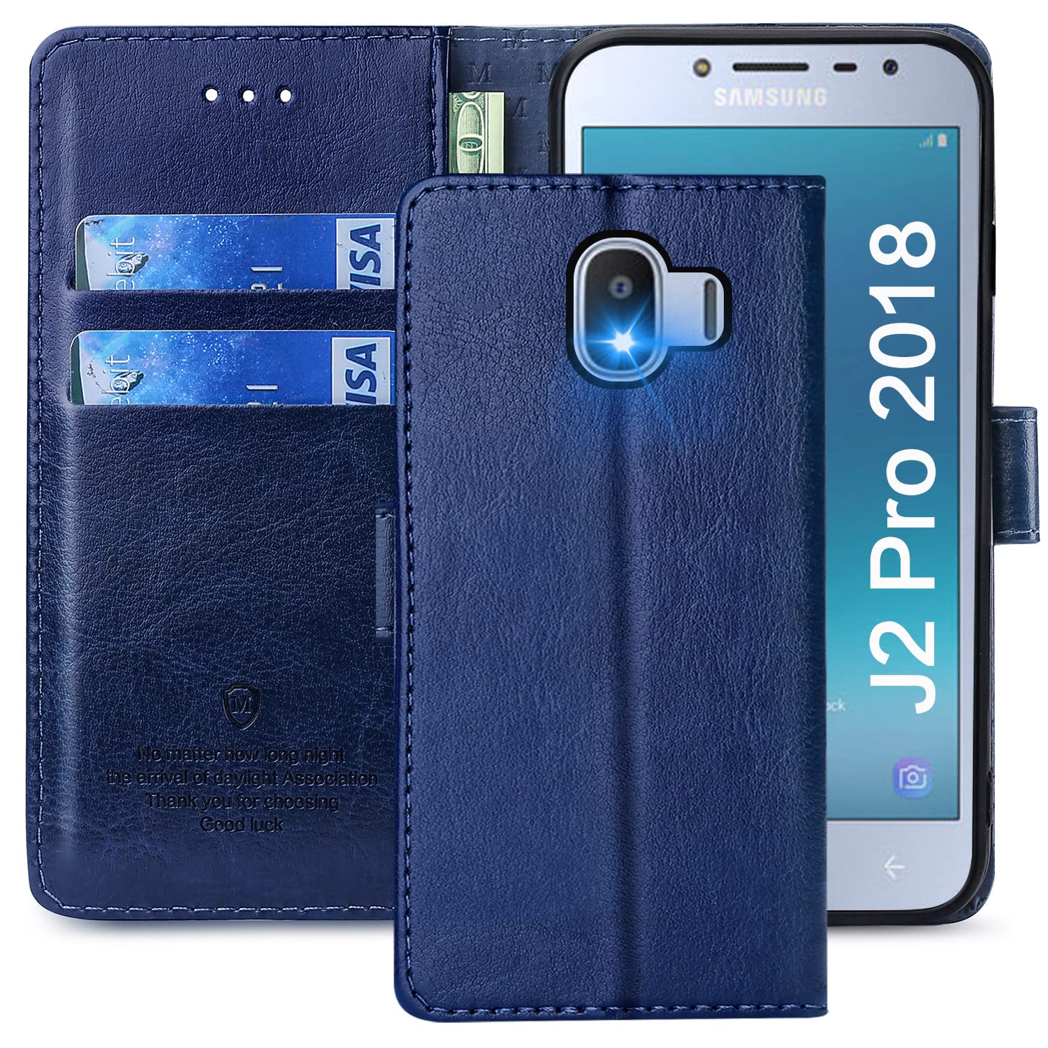 FMPCUON Case For Samsung Galaxy J2 Pro 2018,High-grade Leather Flip Wallet Phone Case Cover for Samsung Galaxy J2 Pro 2018 Inches [Card Slots] [Kickstand] [Magnetic Closure]-(Blue) — image 1
