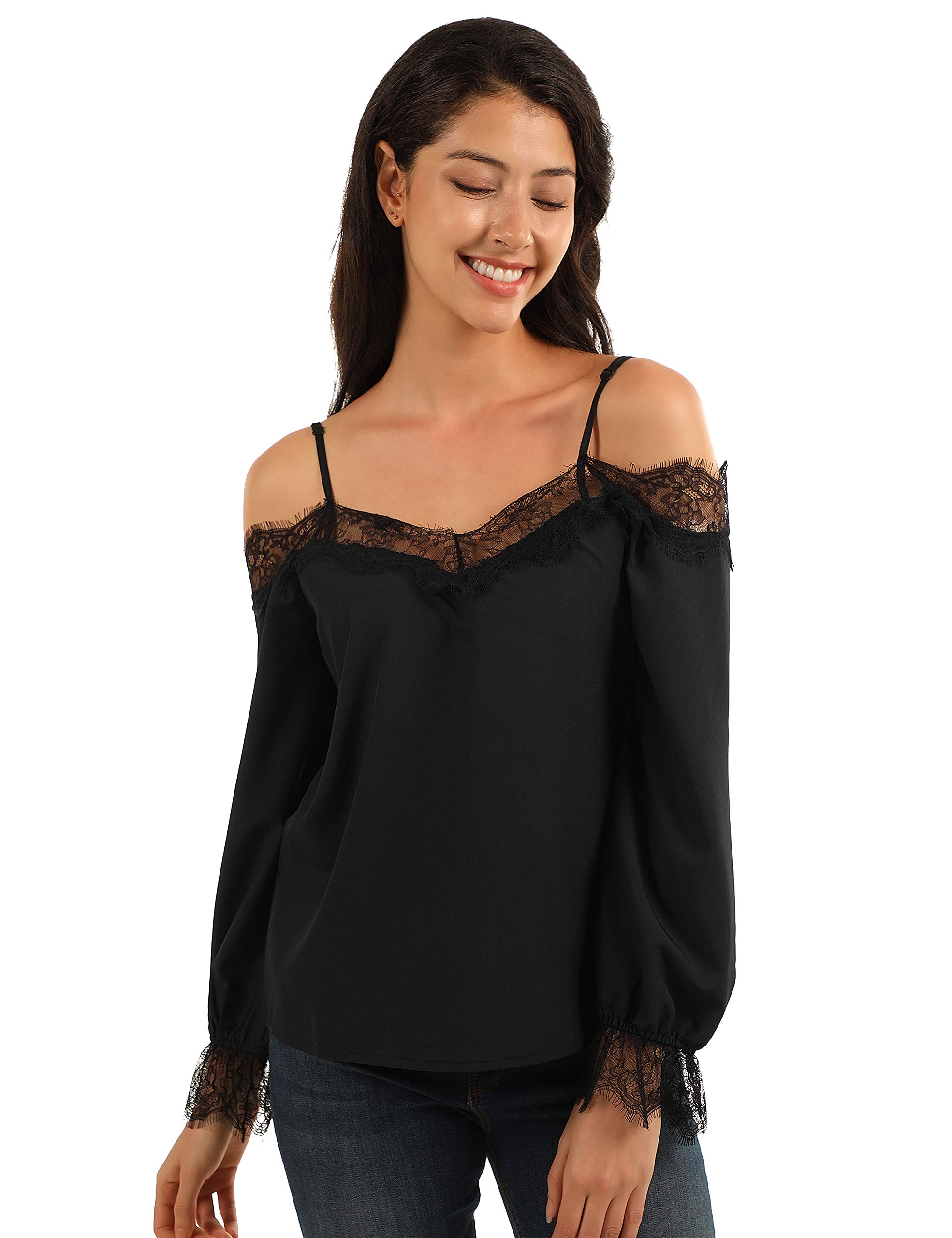 Blooming Jelly Womens Off Cold Shoulder Lace Top V Neck Puff Sleeve Shirt Spaghetti Cute Blouse (Small, Black)