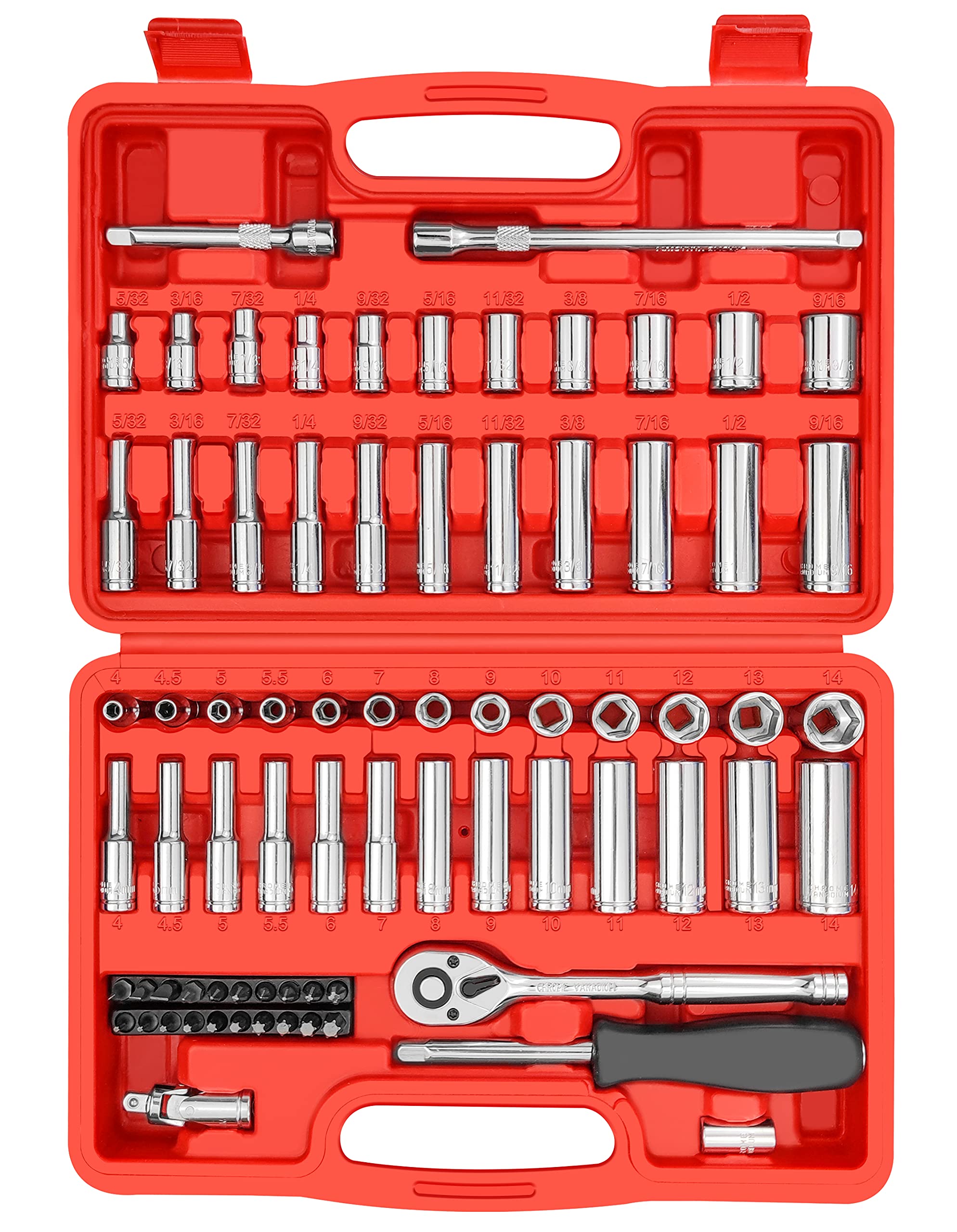 YIYITOOLS 74-Piece 1/4" Drive Master Socket Set with Ratchets, Universal Joint, Extensions, and 1/4" Dr. Bits Set, 6-Point, 5/32" - 9/16", 4 mm - 14 mm