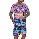 Men's Vacation Beach Outfits 2 Piece Shorts Set Tropical Floral and Palms Hawaiian Button Down Shirt and Shorts