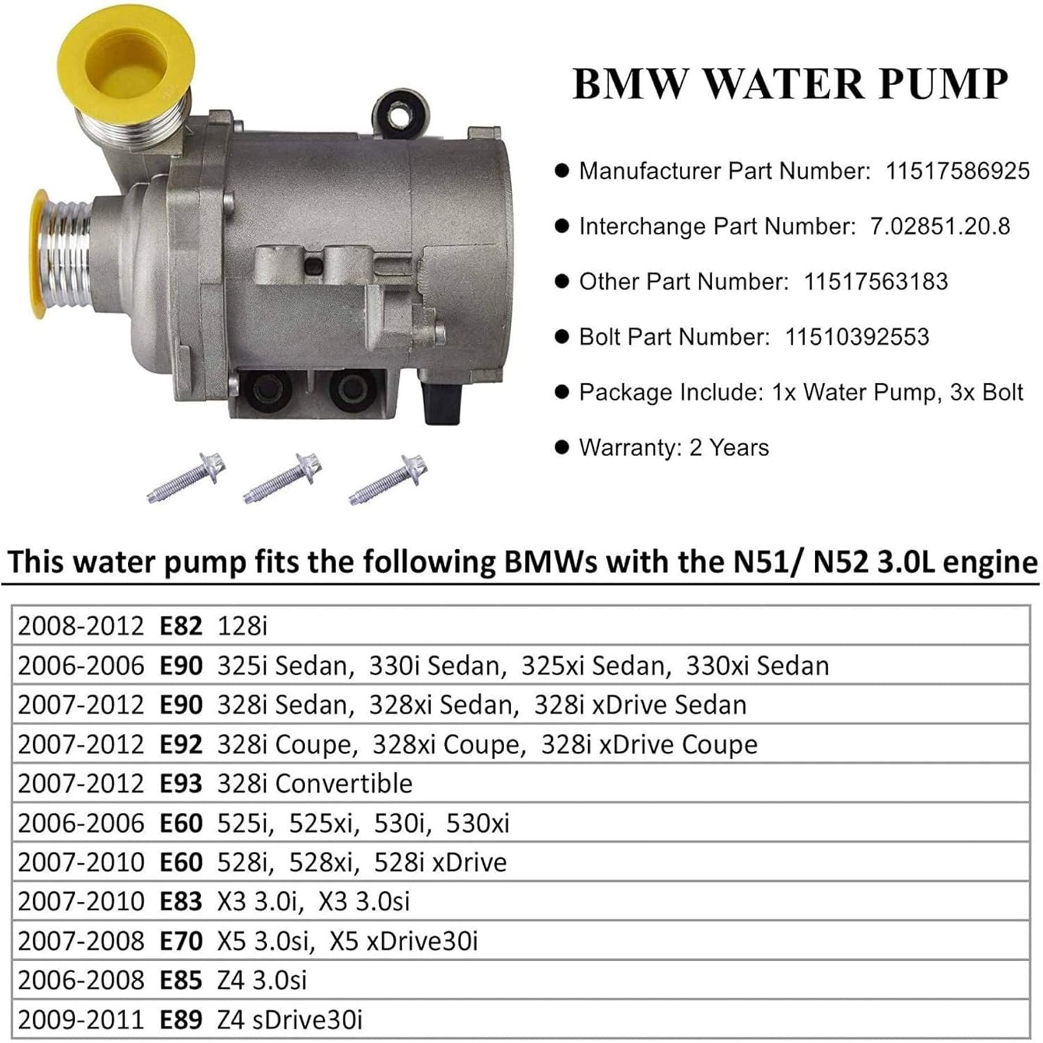 Electric Engine Water Pump with Bolts, Compatible with BMW Z4 X3 X5 328i 128i 528i, Replaces Part Nmuber 11517586925, 702851208, 11517563183, 11510392553: Automotive