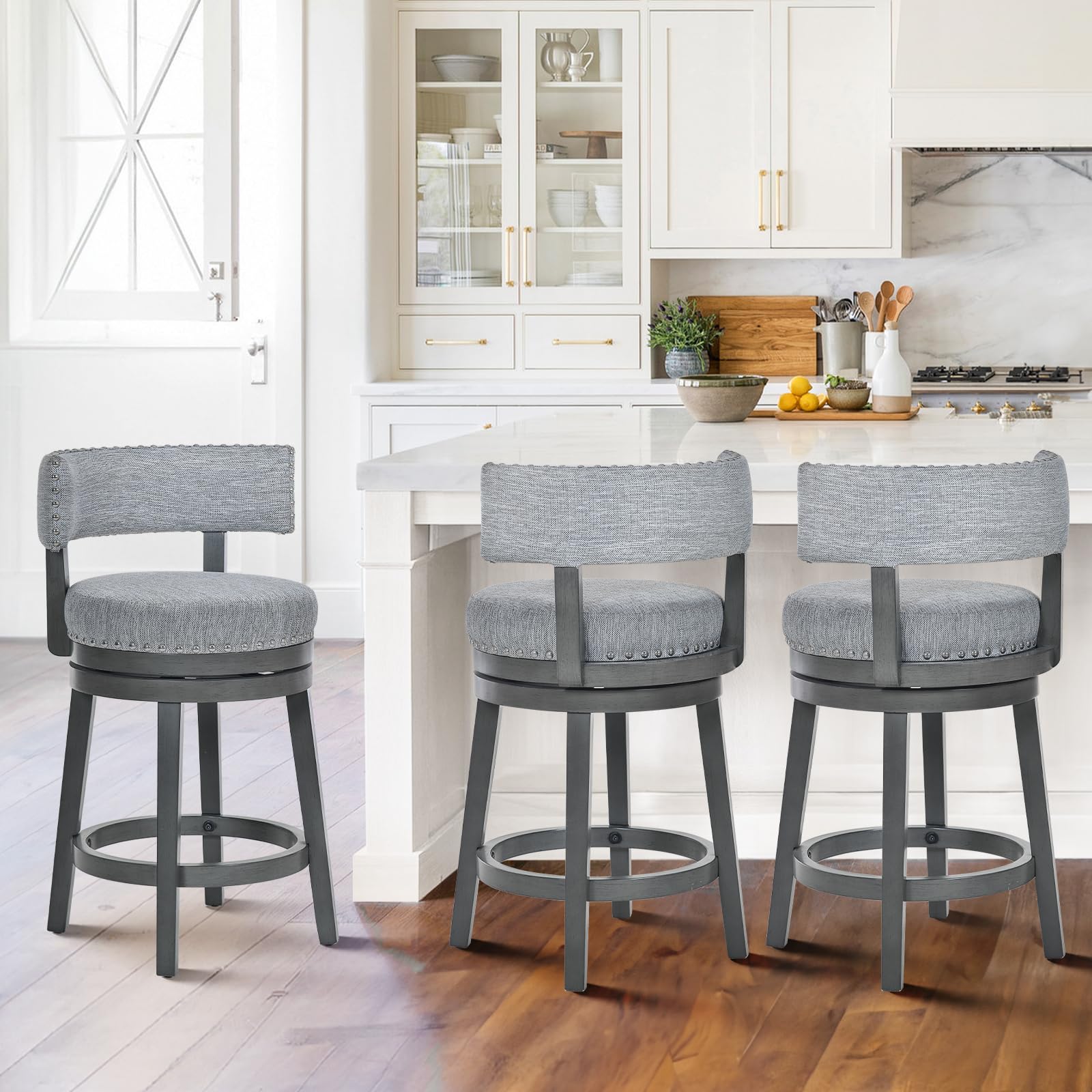 Photo 1 of ***Only one is missing; two remain.****

COLAMY Swivel Counter Height Bar Stools Set of 3, 25 Inch Modern Upholstered Kitchen Island Barstools with Back, Wood Swivel Bar Chairs for Counter Bar Dining Room, Grey