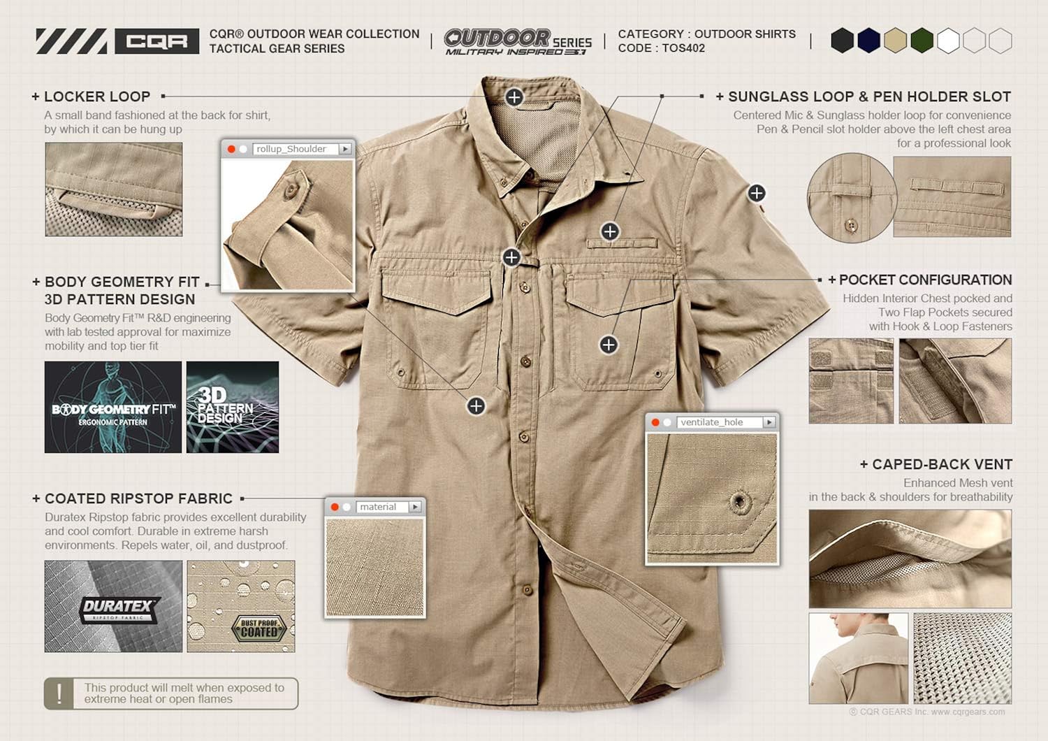 CQR Men's Short Sleeve Work Shirts, Ripstop Military Tactical Shirts, Outdoor UPF 50+ Breathable Button Down Hiking Shirt at  Men’s Clothing store