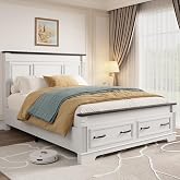 Farmhouse Queen Bed Frame 51" Headboard 2 Storage Drawers Roman Footboard | koorlian Platform Bed Large Wooden Drawers,Roman Column Decoration Footboard 20" Traditional Country Bed,No Box Spring Needed