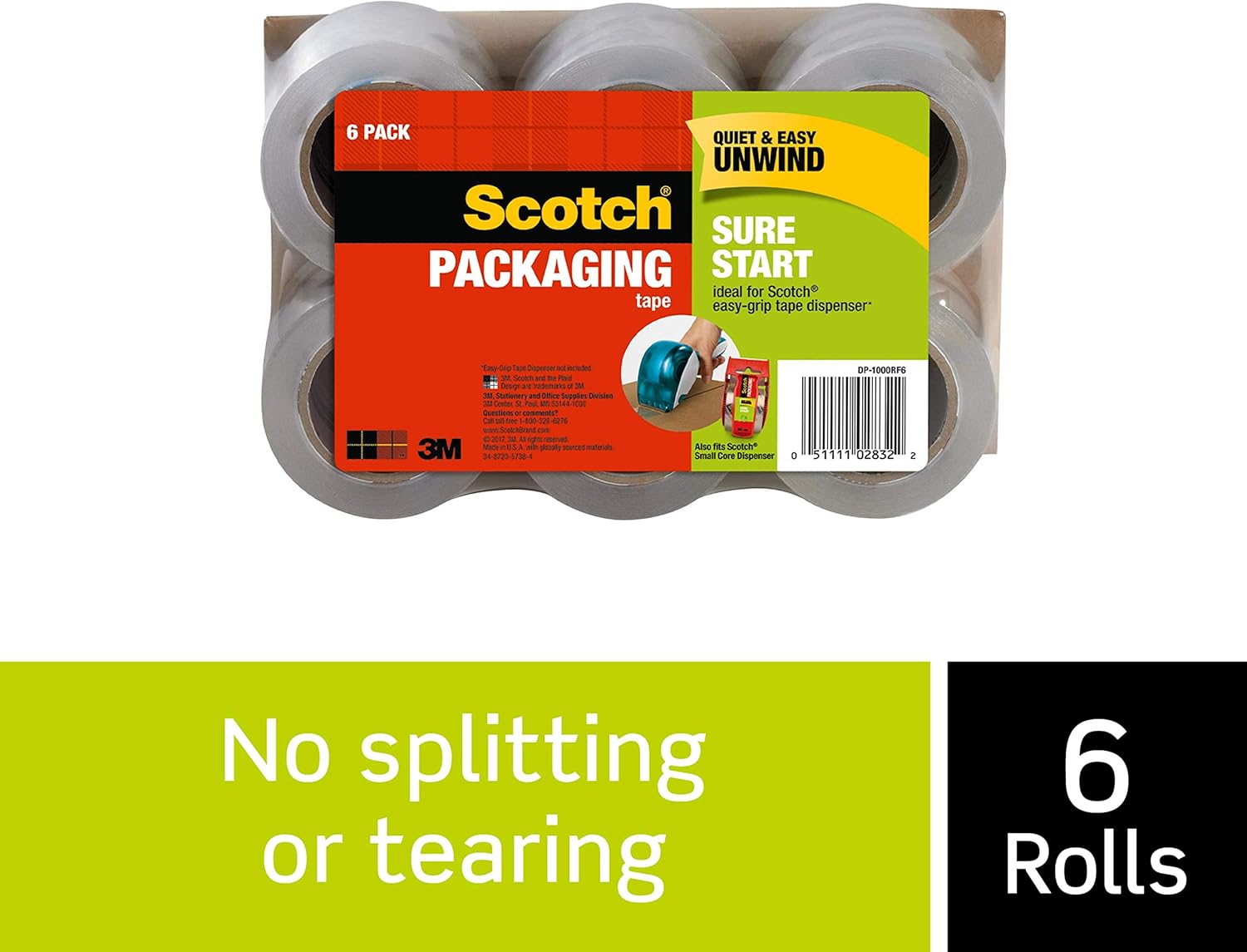 Scotch Sure Start Shipping Packaging Tape, 6 Rolls, 1.5 Inch Core, 1.88" x 25 Yards, Great for Packing, Shipping & Moving, Clear (DP-1000RF6) : Office Products