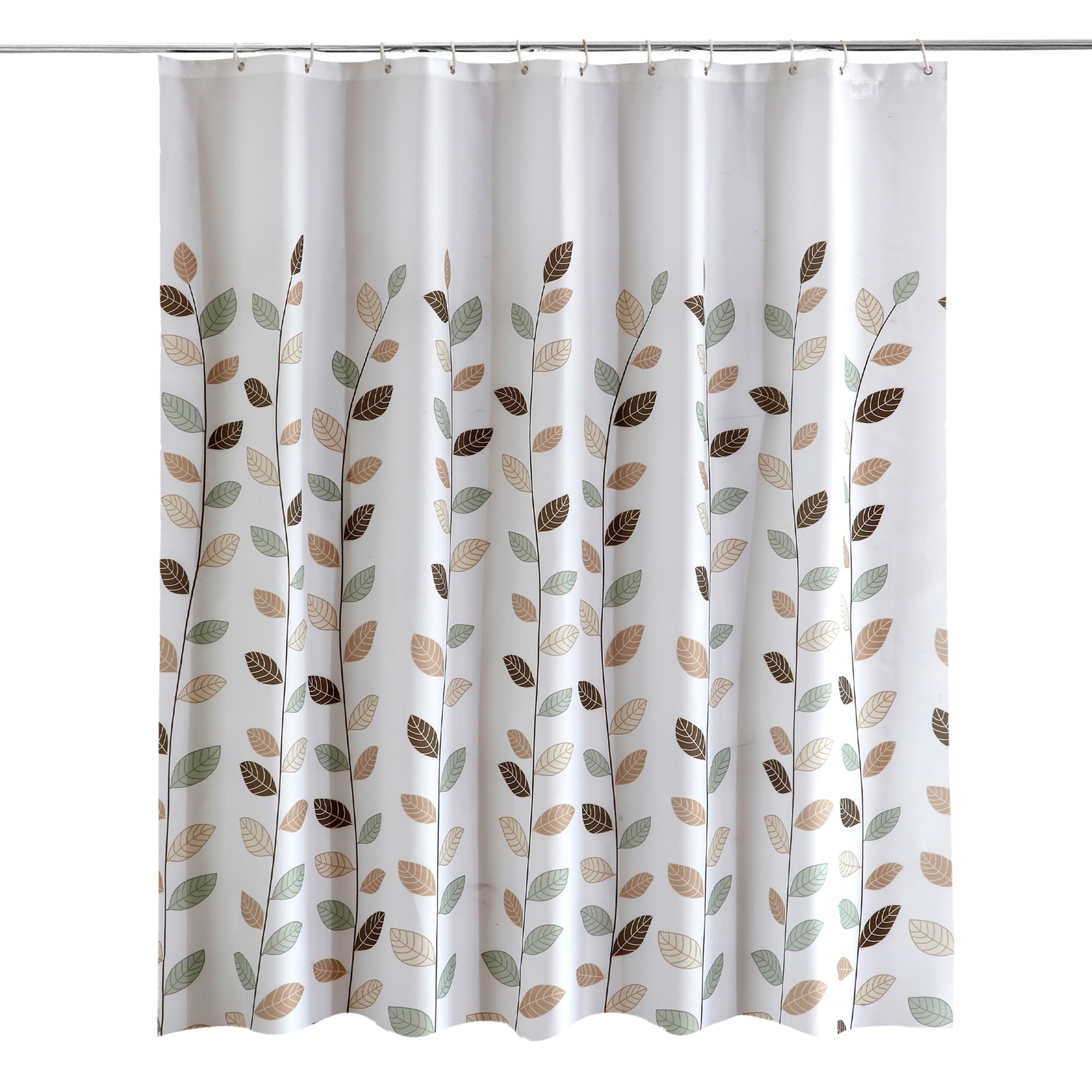 WedDecor Bathroom Shower Curtain Waterproof Mould Free Mildew Resistant, Heavy Duty 100% Polyester Fabric Curtains Liner Washable & Wipe Clean with 12 Curtain Hooks, White With Leaves, 180x200cm