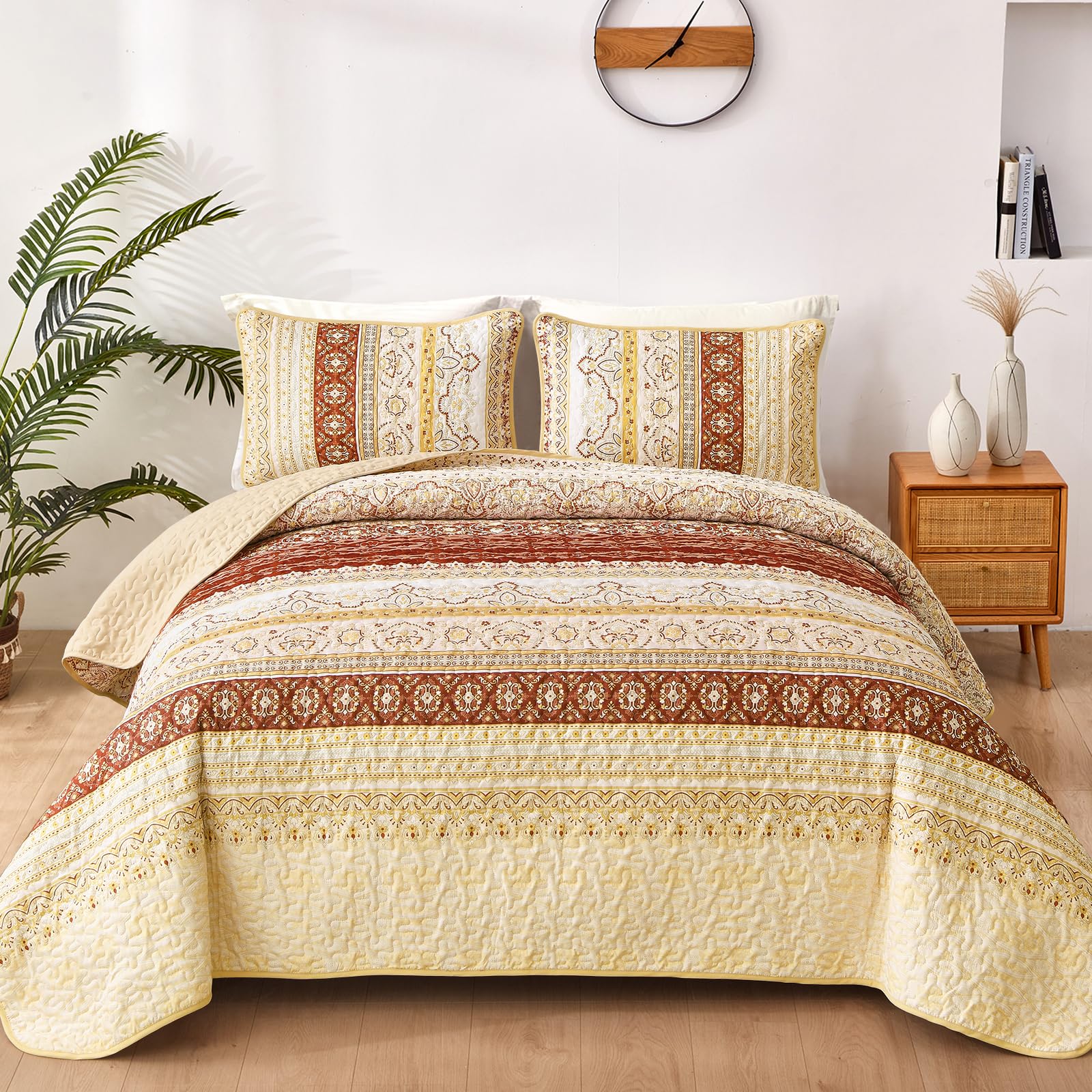 WONGS BEDDING Boho King Quilt Set, Red and Yellow Bohemian Quilt