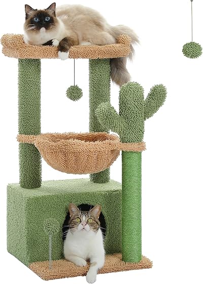 PAWZ Road Cactus Cat Tree 79cm Indoor Cat Tower Green with Condo Hammock