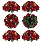 BLOSMON Flower Balls Wedding Rose Centerpieces: 6 Pcs Crimson Fake Flowers Kissing Balls Decor Artificial Floral Arrangements Flower Bouquet of Roses Home Party Table DIY Decorations