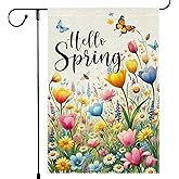 Hello Spring Summer Tulip Garden Flag 12x18 Inch Double Sided Bee Flowers Butterfly Colorful Floral Small Burlap Yard House Seasonal Farmhouse Outside Spring Decor Flags