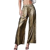 heipeiwa Women's Metallic Wide Leg Palazzo Pants Rib Pleated Raw Hem Party Club Sequin Slacks Pant