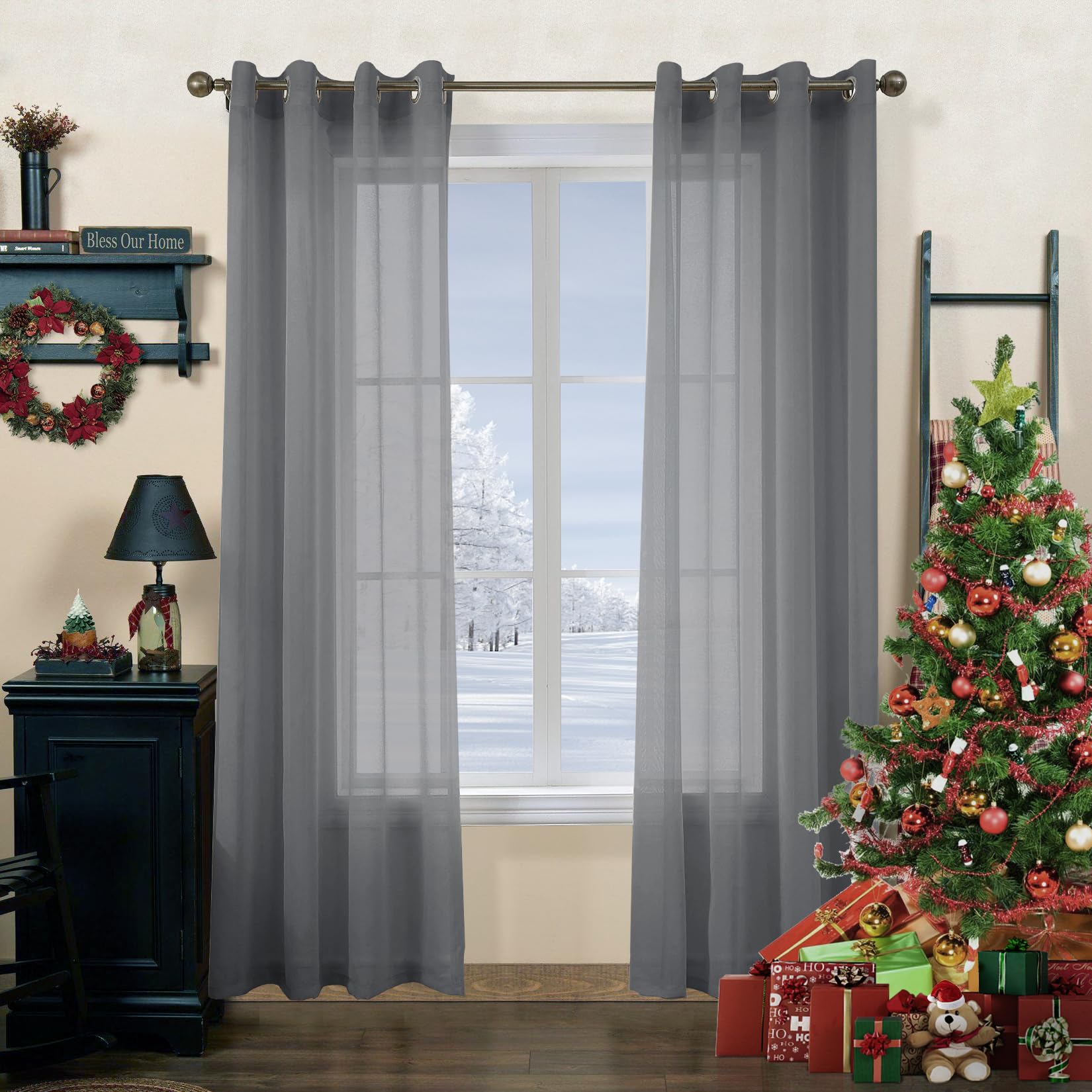 CUCRAF Net Curtains for Living Room & Bedroom, Grey Voile Sheer Curtains, 90" Drop Pair, Wrinkle Resistant, Machine Washable