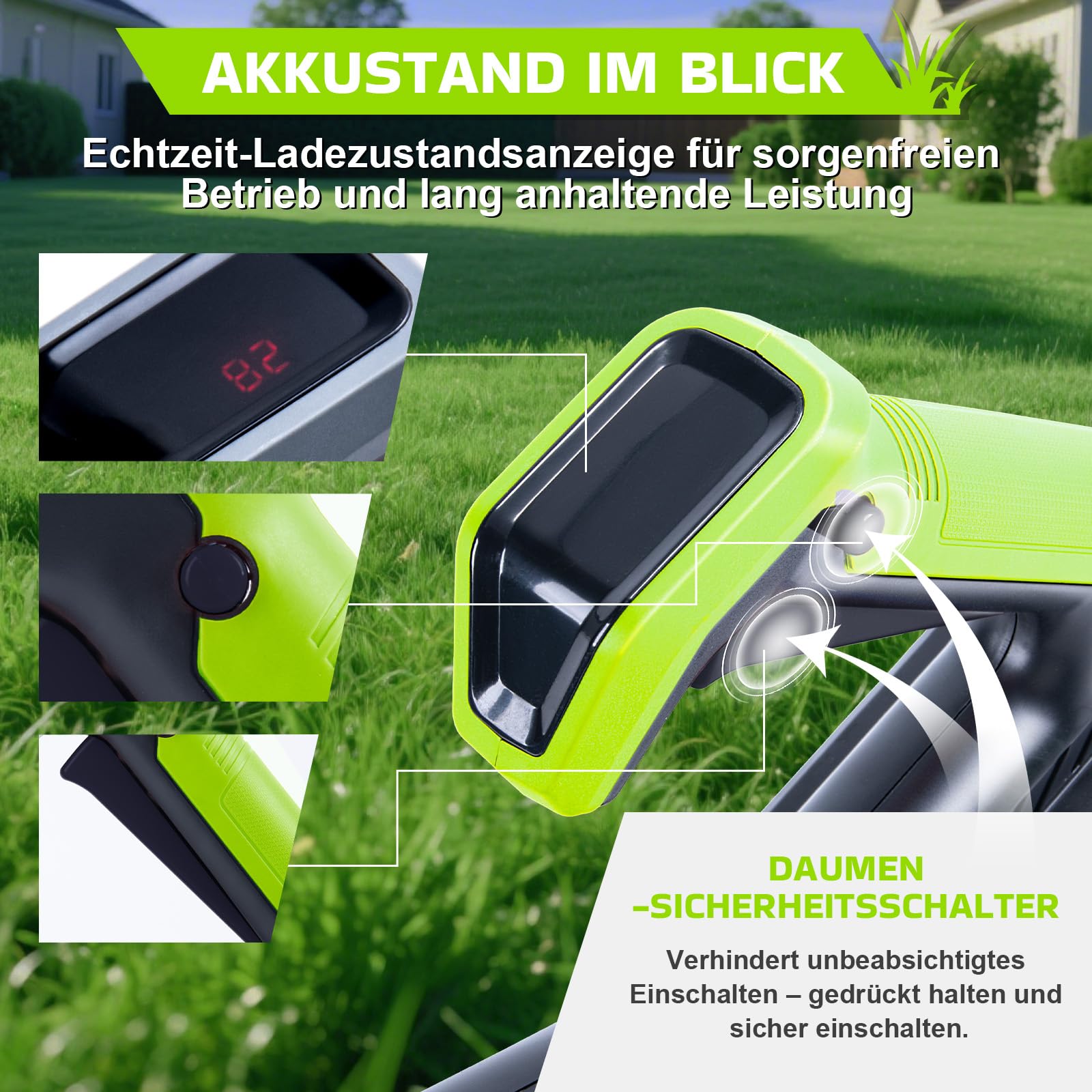CHANGEMOORE Akku-Rasentrimmer mit 2x4.0Ah Akku, Bürstenloser Motor, Digital Display, Sicherheitsschalter, 90° Verstellbarer Kopf, 20cm Schnittbreite, 3 Klingentypen, für Garten & Hof, Neu aufgerüstet 6