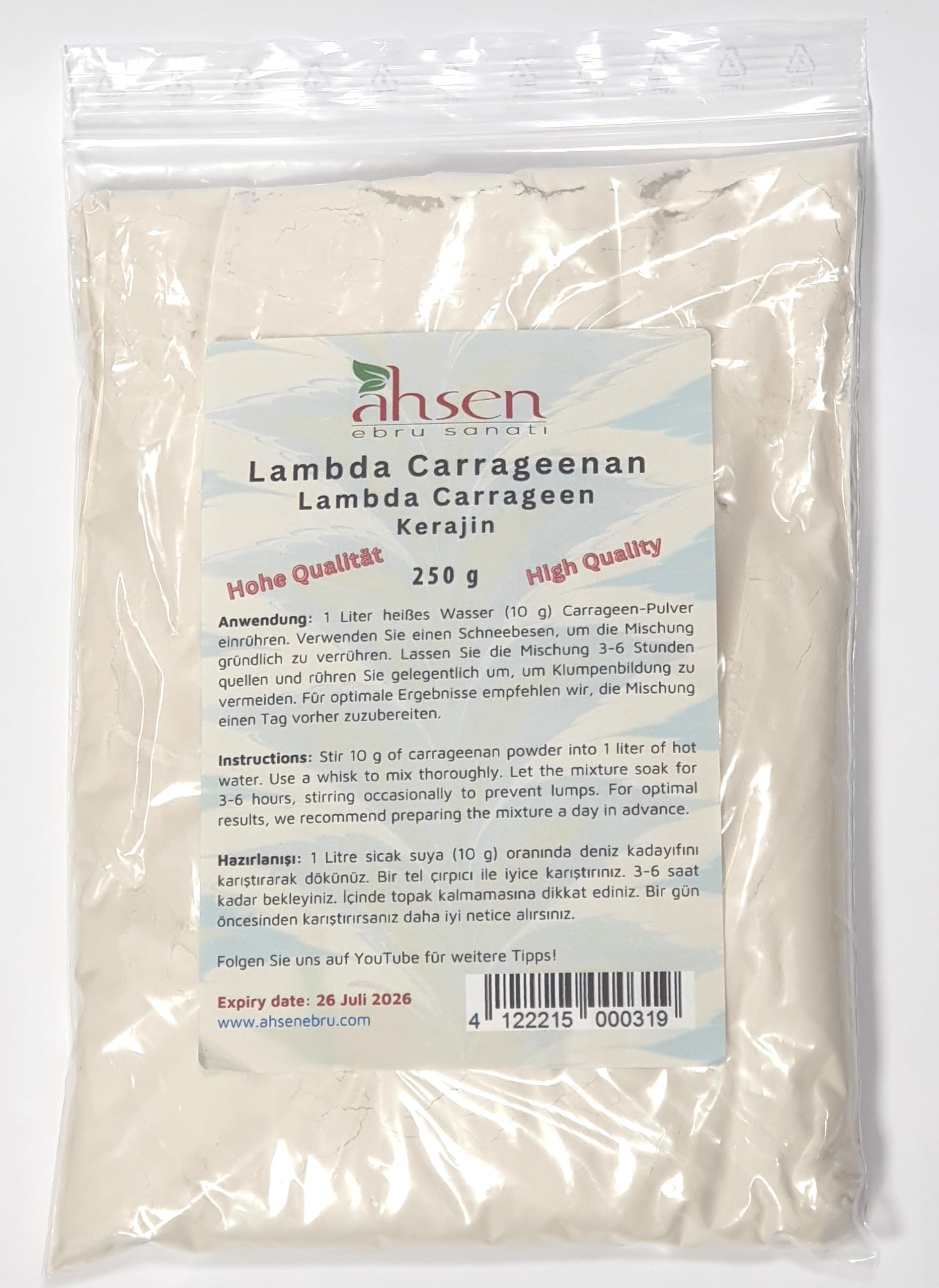 Ahsen-Ebru 250 g Lambda Carrageen Kerajin Deniz Kadayifi Kivam artirici Ebru Tozu