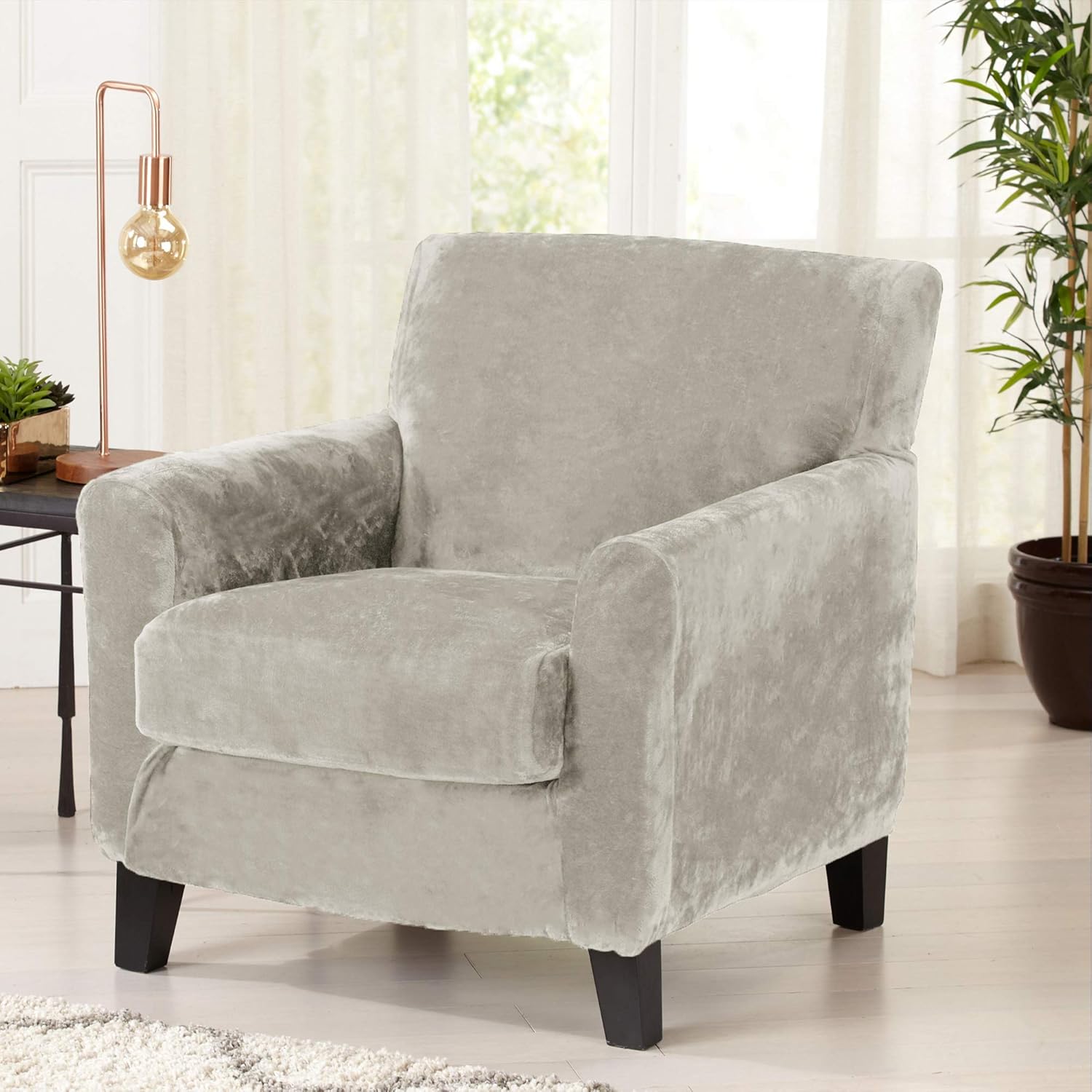Great Bay Home 2 Piece Velvet Plush Chair Slipcover. Form Fit, Stretch Slip Resistant, Strapless Slipcover. Soft Stretch Arm Chair Slipcover. Elliana Collection (Chair, Silver Cloud): Furniture & Decor