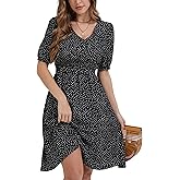 Spicy Sandia Womens Midi Casual Dress Elastic Empire Waist Short Sleeve V Neck A Line Flowy Vintage Dress for Summer Spring