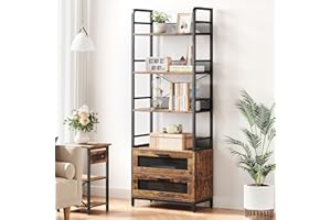TrailBlaze 4-Tier Industrial Bookshelf with Drawers and Door - Rustic Wood and Metal Tall Bookcase - Open Display Shelf with 