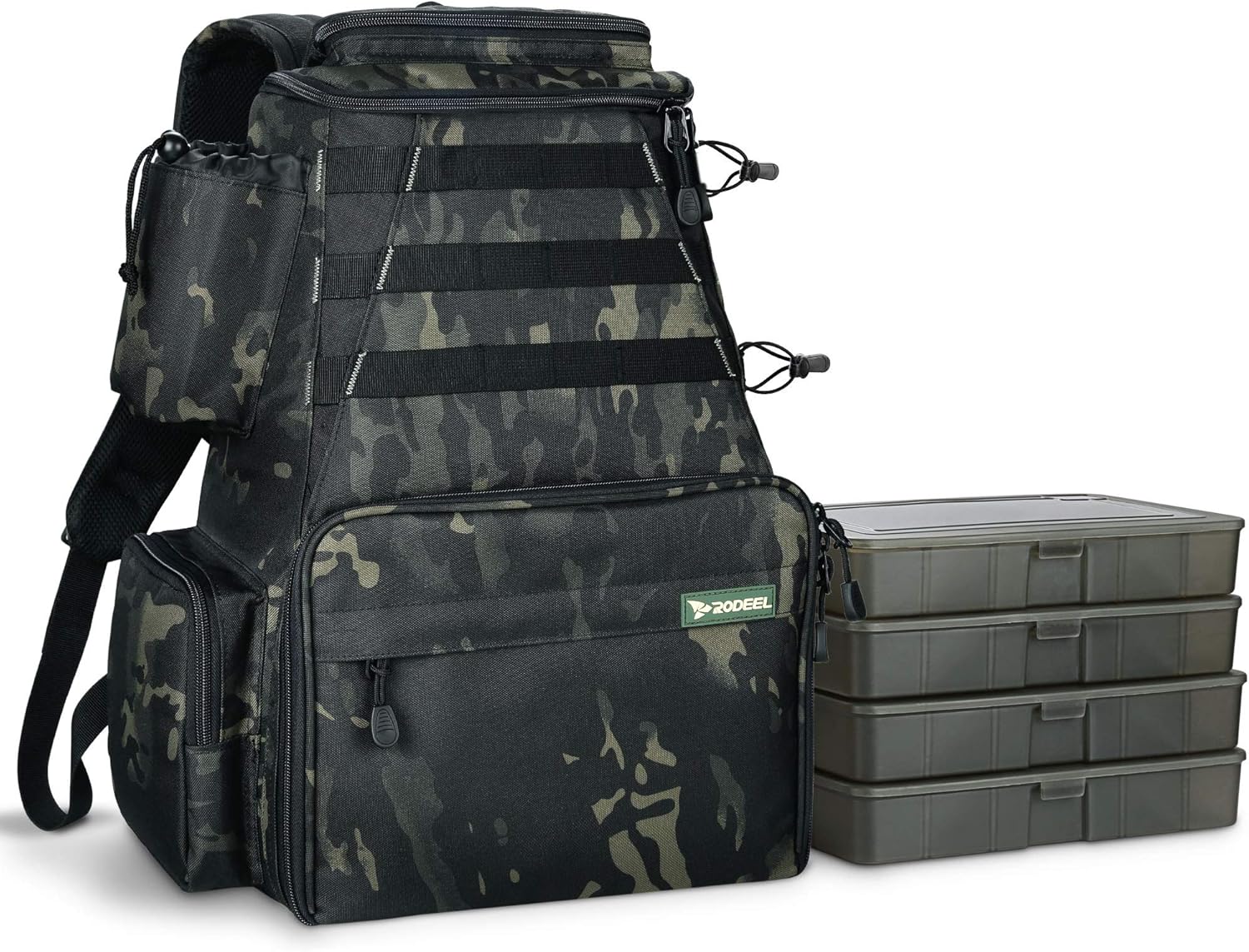 Rodeel Fishing Tackle Backpack with 4 Tackle Tray, 4 Fishing Rod Holders, Large Storage, Backpack for Trout Fishing Outdoor Sports Camping Hiking : Sports & Outdoors