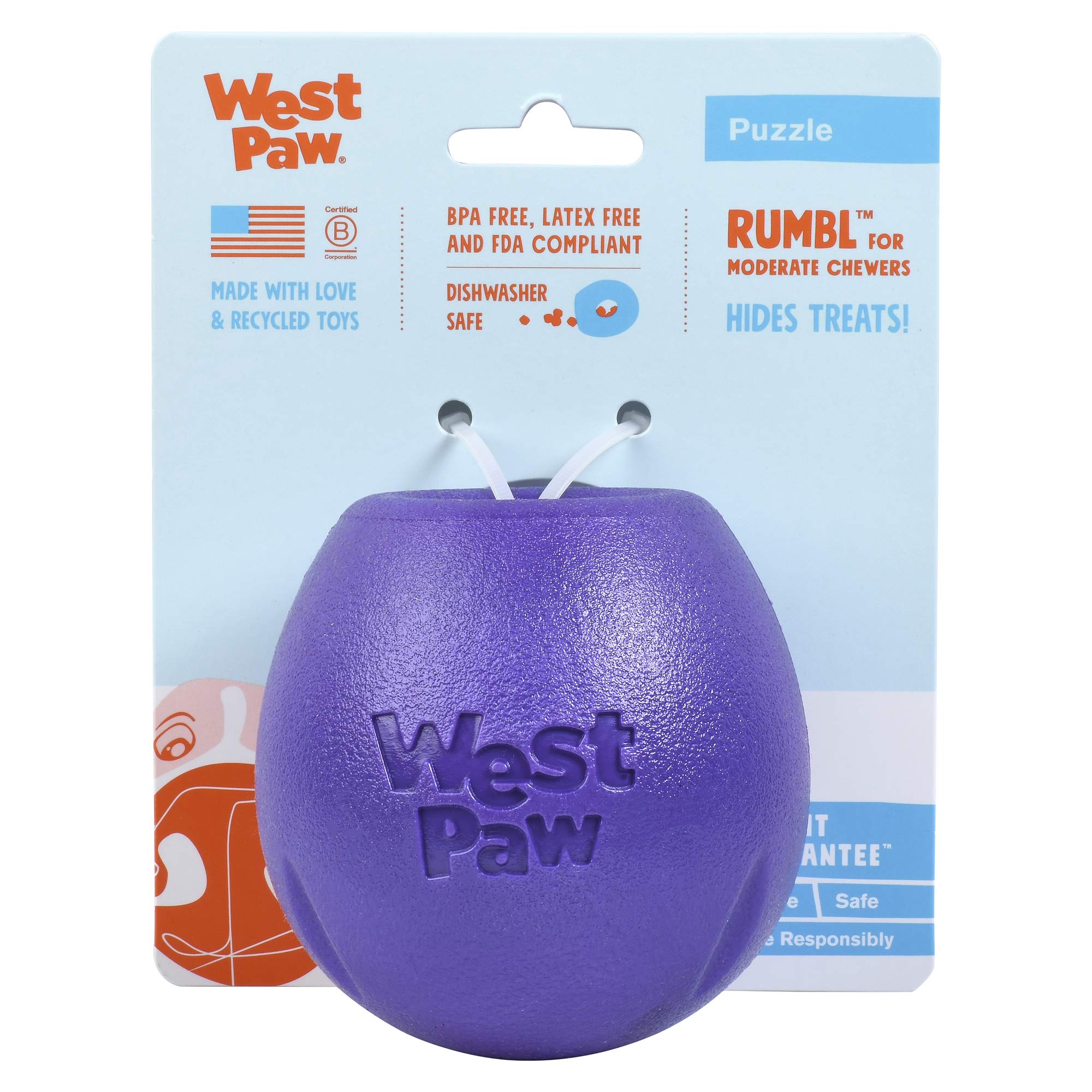 WEST PAW Zogoflex Rumbl Treat-Dispensing Dog Toy – – Dog Enrichment Toy – for Moderate Chewers, Fetch, Catch – Holds Kibble, Treats (Eggplant, Small)