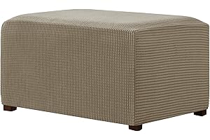 CHUN YI Stretch Ottoman Slipcover Rectangle Storage Stool Cover with Elastic Bottom, Checks Spandex Jacquard Fabric (X-Large, Sand)