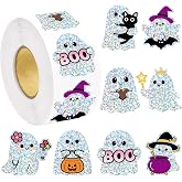 Fancy Land 500Pcs Halloween Holographic Ghost Stickers Laser Sticker Roll | Bulk Iridescent Cute Ghost Decals, 1.5 Inch Waterproof Self-Adhesive Party Favors for Envelope Scrapbook Decorations Supplies