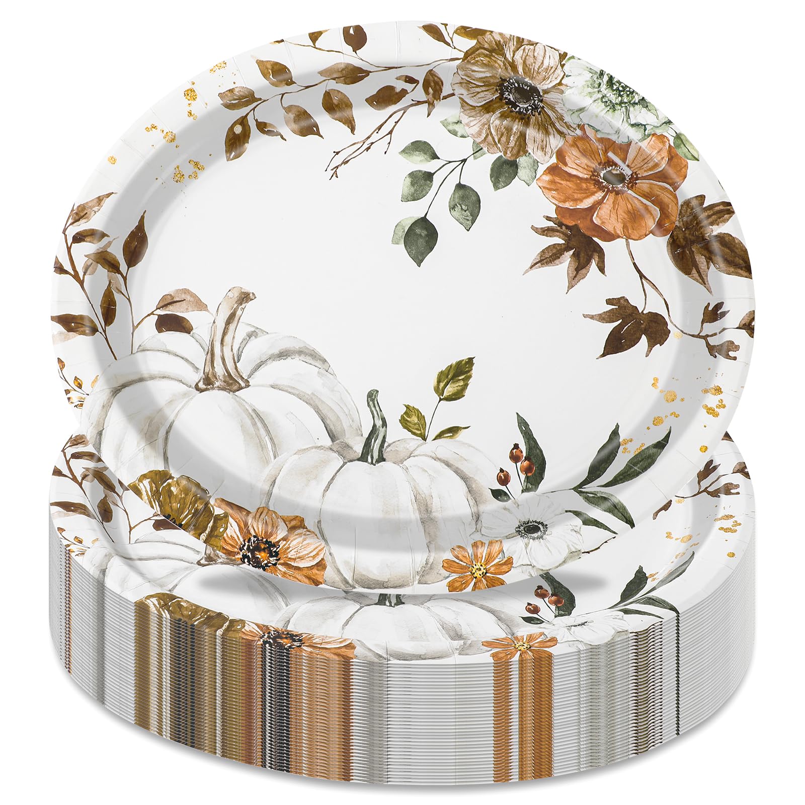 Photo 1 of 50Pcs Fall Oval Paper Plates Pumpkin Floral Disposable Dinner Plates for Autumn Thanksgiving Harvest Party Supplies