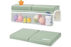 URMYWO Bath Kneeler and Elbow Rest Pad Set - 1.5" Thick Baby Bath Kneeler Pads with Toys Organizer, Anti-Slip Cozy Knee & Arm Support Bathtub Mat, Quick Dry Kneeling Pad for Baby Bath Time