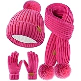 Kids Winter Hat Scarf Gloves Set - Girls Boys Fleece Lined Beanie Hat with Pom Knit Scarf Warm Mittens for Children