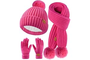 HAVCCDI Kids Winter Hat Scarf Gloves Set - Girls Boys Fleece Lined Beanie Hat with Pom Knit Scarf Warm Mittens for Children