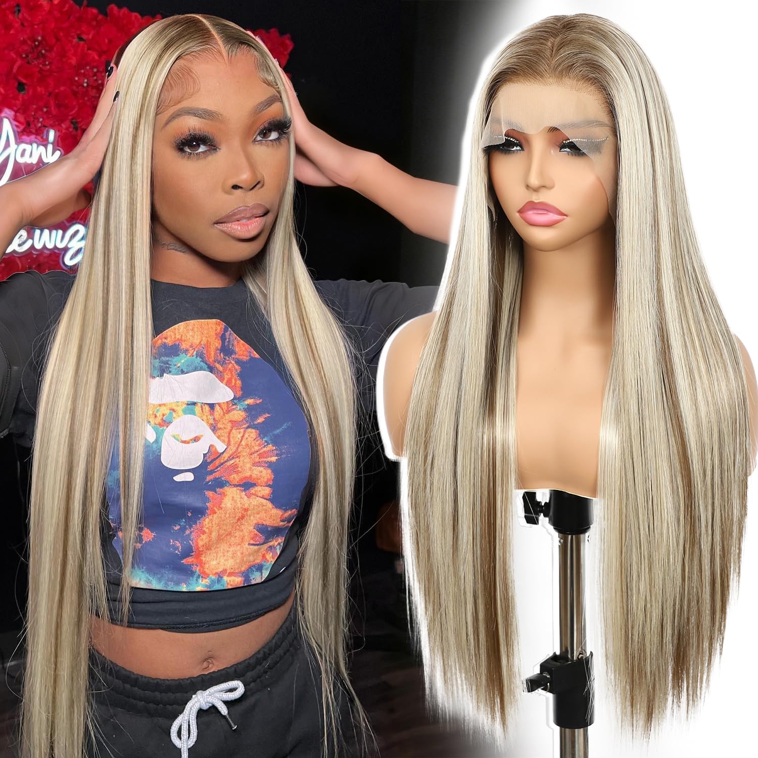 SOMIARIK Wear and Go Glueless Synthetic Lace Front Wigs 13×6 Ombre Blonde with Dark Roots Lace Front Highlight Wig Middle Part Straight Hair Pre plucked with Natural Hairline for Daily Use 26 Inch — image 1