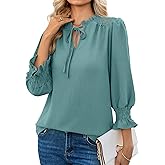 siliteelon Blouses for Women Dressy Casual 3/4 Length Sleeve Womens Tops Ruffle Collar Tie Front Lace Cute Spring Summer