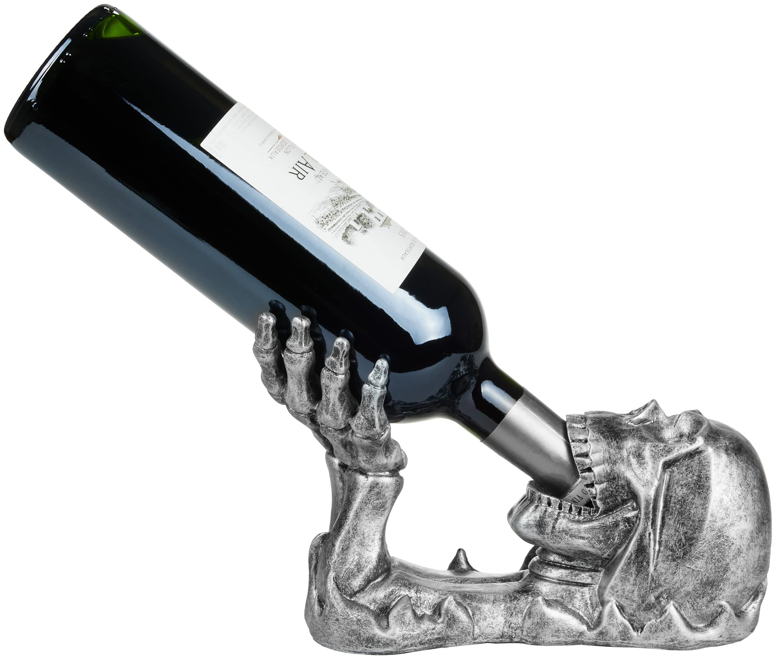 BRUBAKER Wine Bottle Holder Skull - Bottle Holder Drinking Skull with Skeleton Hand Silver - Bottle Stand Deco Figurine Hand Painted Wine Accessories - Funny Decoration - Wine Gift