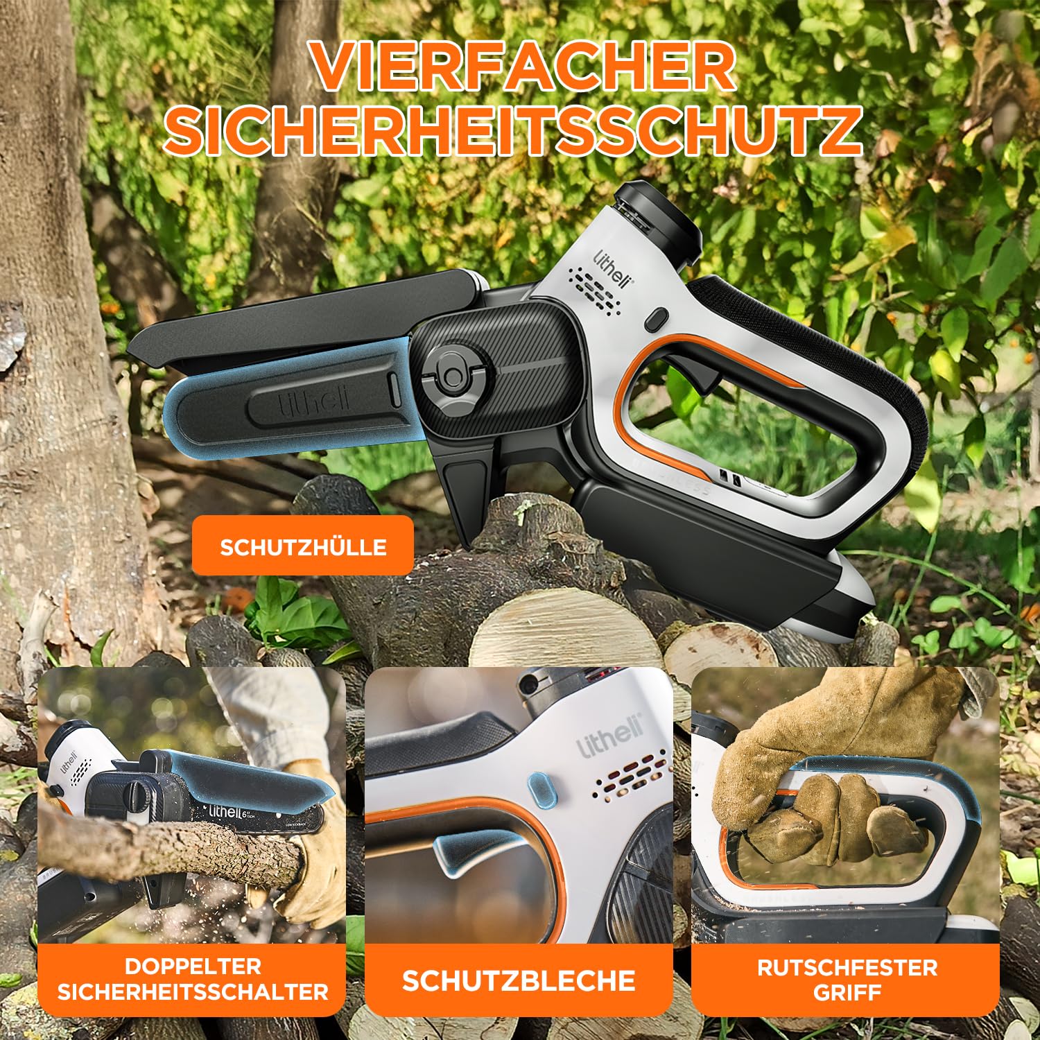 Litheli Mini Kettensäge mit Akku 10.000 mAh, 15 CM Akku Kettensäge 20V, Bürstenloser Motor, Astsäge, Automatischer Öler, Sicherheitsverriegelung, Akku Handkettensäge für Gartenscheren Holzschneidenz 6