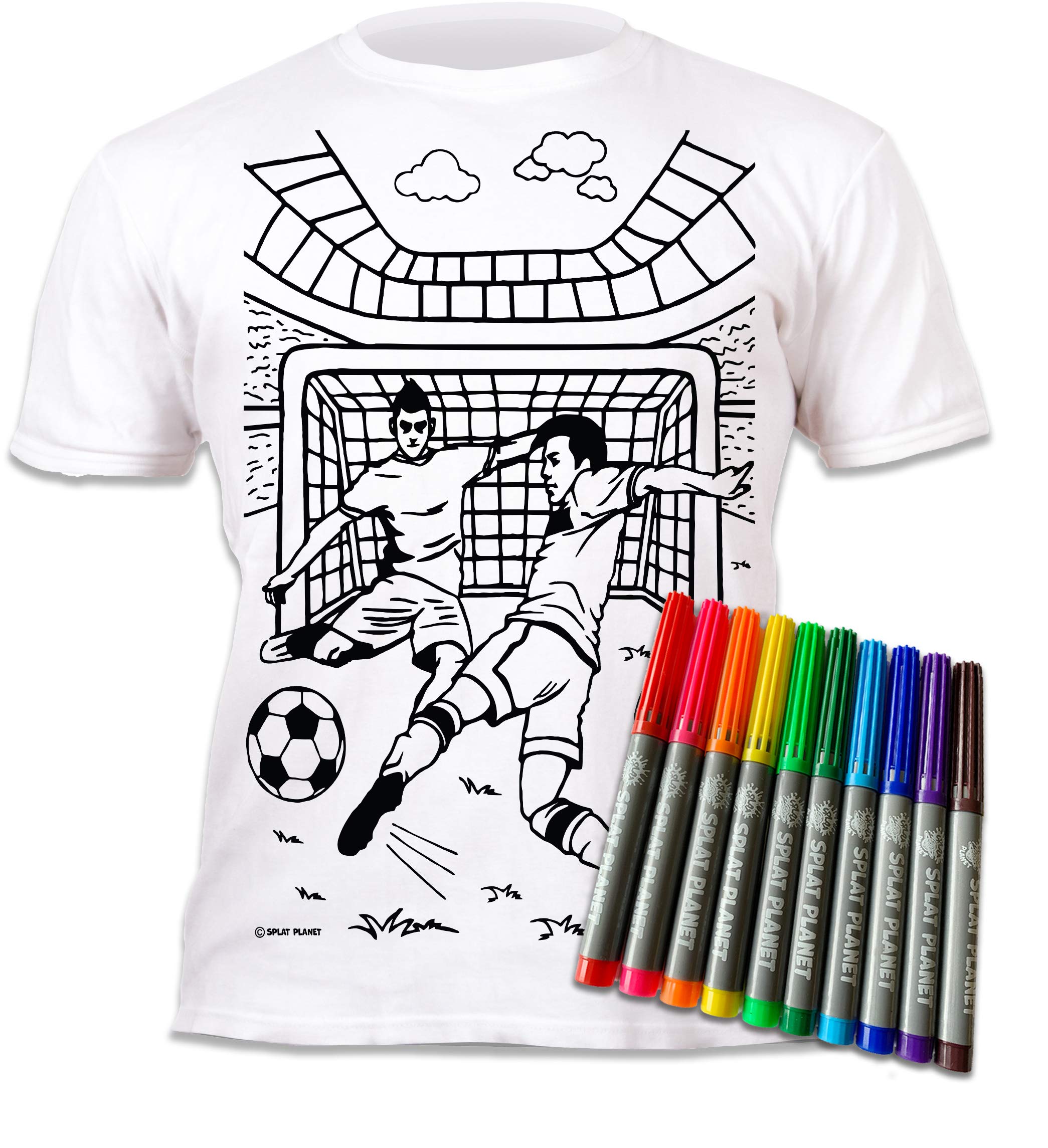Splat Planet Football T-Shirt for Kids, White, Unisex, Short Sleeve, Regular Fit, Reusable Coloring Activity (UK, Age, 7 Years, 8 Years, Regular, White)