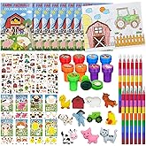 Cinrobiye 72 Pcs Farm Animal Party Favors Set, Barnyard Tractor Birthday Supplies, Farmhouse Party Goodie Bag Fillers Coloring Books Stickers Stampers, Fiesta Rodeo Cow Craft DIY Kit Pinatas Reward