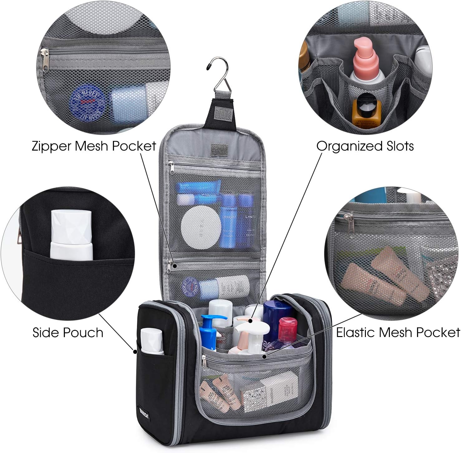 Large Hanging Toiletry Wash Bag Travel Makeup Cosmetic Organizer for Men Women by WANDF (Denim Black), 27 x 15.5 x 20 cm - Image 5