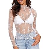 XZQTIVE Womens Mesh Long Sleeve Top See Through Mock Neck Party Club Night Floral Lace Layering Tops Blouse