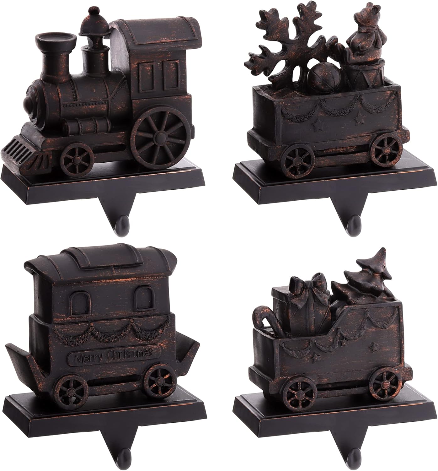 Ornament Hooks - MCEAST Set of 4 Christmas Train Stocking Holders Metal Stocking Hangers Mantel Hook Hangers Fireplace Stocking Hooks for Christmas Decoration